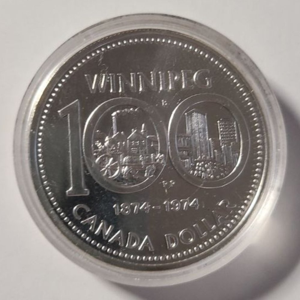 1974 Canada Silver Dollar Coin (Winnipeg 100th) 23.33 Grams .500 In Capsule